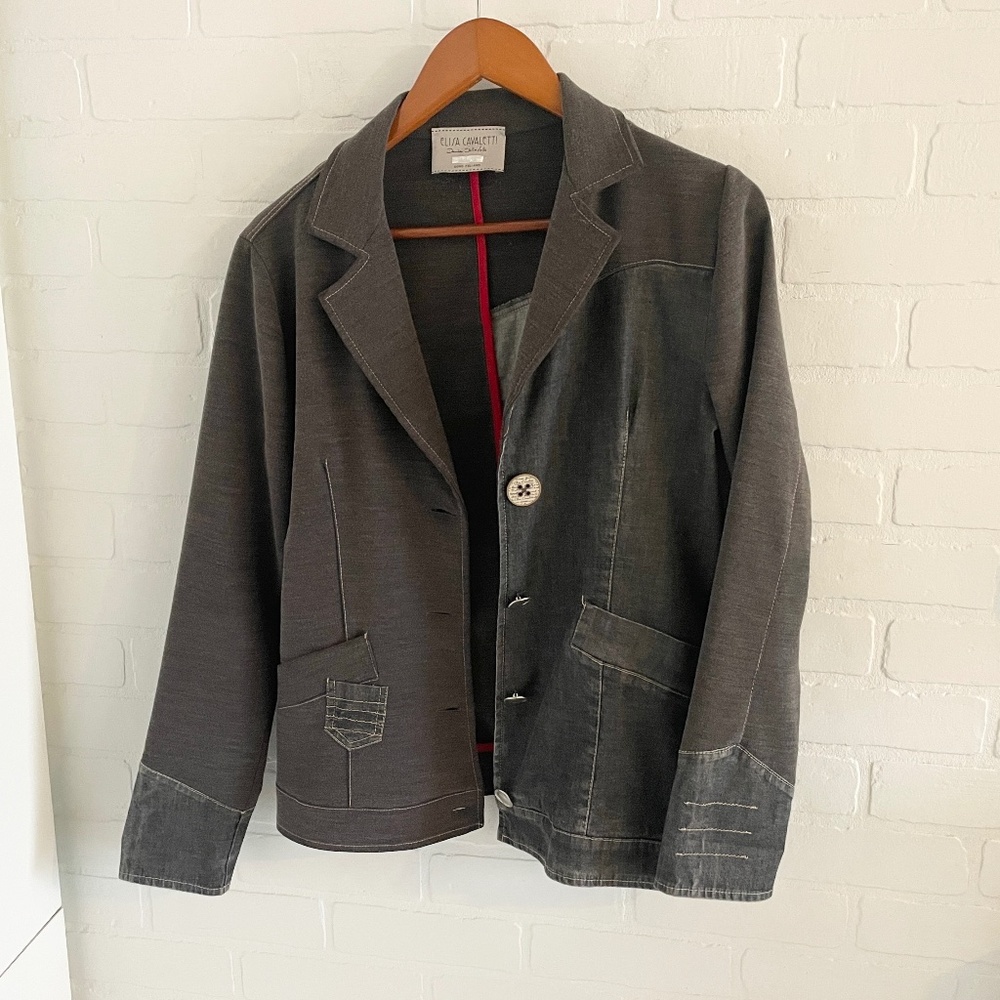 Elisa Cavaletti Klymta Jersey Knit + Denim Blazer Patchwork Asymmetrical Sz M - Picture 4 of 16